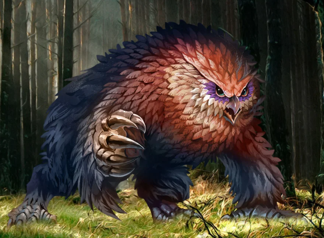 beautiful art screenshotted from https://www.reddit.com/r/DungeonsAndDragons/comments/f1rnka/art_owlbear_in_the_woods/  posted by https://www.reddit.com/user/DungeonInABox/