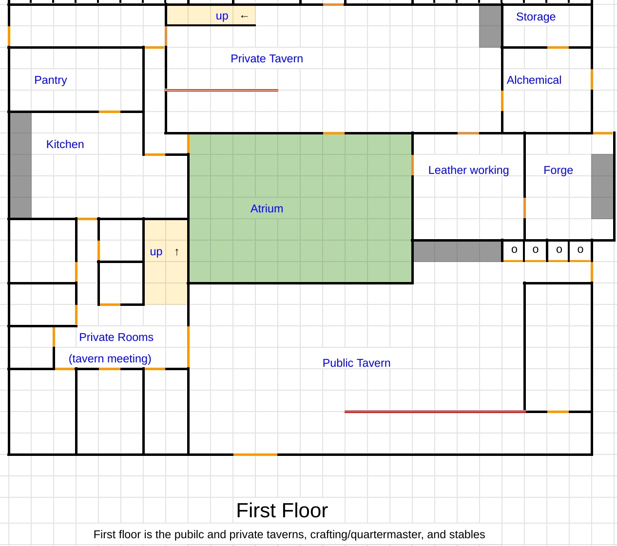 Ground floor of Freelancers Villa A floor map of the 1st floor of Freelancers Villa. The public tavern is in the southeast portion of the building, with the loos on the north wall to the east and the private rooms to the west of it. One can only get from the public to the private tavern on the north stide of the building by going upstairs or through the kitchen around the western side of the atrium.