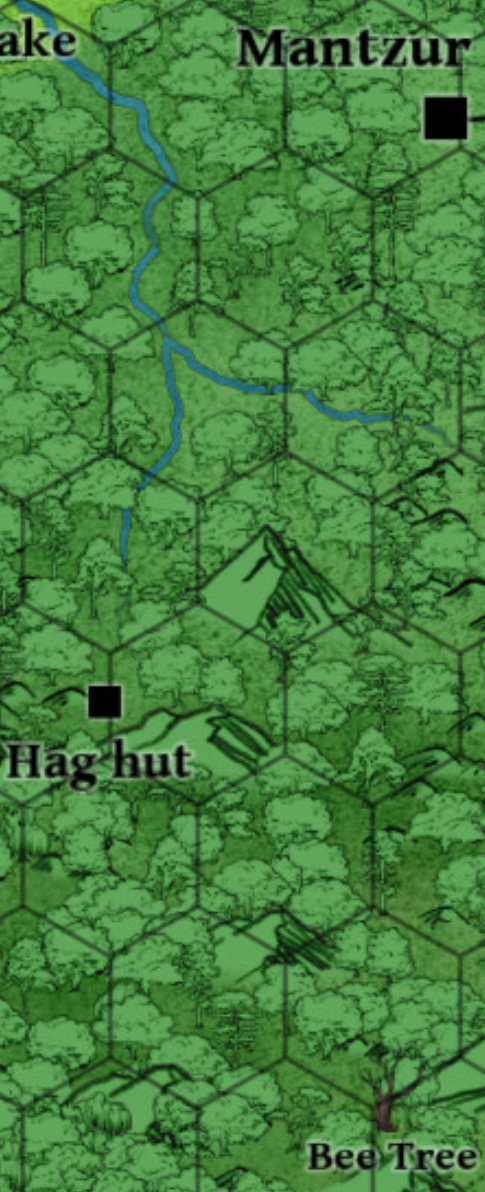 A skinny map of the Haven Hills showing the terrain between the town Mantzur and both the hag hut and bee tree to the south of it.