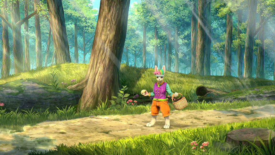 Fae Bunny A white humanoid rabbit dressed in poofy orange pants, pink vest, and teal shirt walks down a path through the well-lit woods. The rabbit is carrying a basket in his left hand, and an egg in his right.