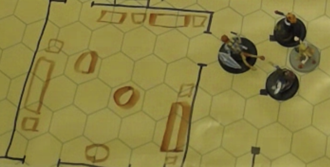 Fine Branch at the door, with Tuala, Cathance, and Ana in an arc behind him A stylized floor map of a room drawn on hex paper. Long rectangles along the wall denote couches and small squares and circles denote tables. To the right are 4 figurines which are hard to make out, becuase the image is sorta blurry.