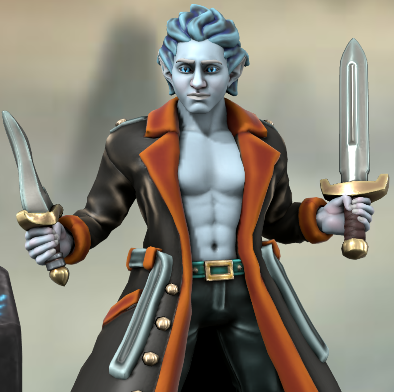 Tahu, a swashbuckler in Freelancers who won a show competition the previous year, except exceptionally buff and shirtless.  Generated with Hero Forge.