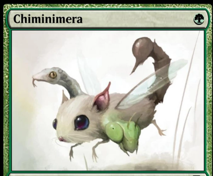 A chiminimera: body of mouse, tail of scorpion, three heads: mouse, preying mantis, snake.  pulled from some MtG card deck?