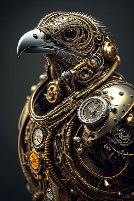 Head and chest of a bronze clockwork hawk.  The chest has dials and tubes, the beak is steel and the hawk is facing to the left of the picture.

Image pulled from https://playgroundai.com/search?q=ultra+realistic+digital+illustration+of+a+bio+mechanical+steampunk+Hawk via Google Image Search.  Prompted by Tomasz Bobrowski.  AI-generated images are not copyrightable.