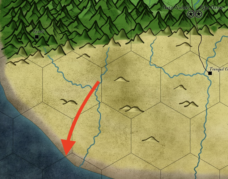 A map of the top-down view of the southwest of Commerce.  An east-west mountain range is across the top and the curvature of the limb is in the lower left.  On the limb, west of a river, a red arrow points to a location.