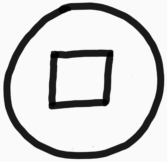 a circle with a square in the center of it, crudely drawn