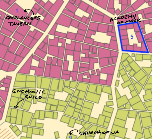 Map of the Cliffshadow area in which this tale takes place. Annotated map of a portion of Cliffshadow showing Freelancers Tavern, the Gnomonic Guild, Academy of Magic, and Church of Ua