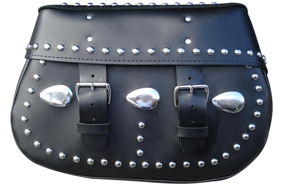 A studded black leather saddlebag, with two buckles, intended for a Harley Davidson.

Taken from a shopping site for inserts to fix sagging vintage Harley saddlebags, https://leatherlidinserts.com/shop/1994-1999-harley-davidson-heritage-softail-classic-saddlebag-inserts/
