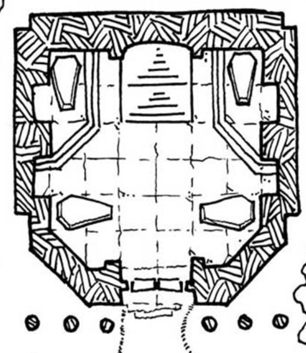 entrance to a mausoleum with stairs downward opposite the entrance and four stone sarcophagus.

Taken from waterdeep: dragonheist, image is copyright 2018 WOTC and pulled from https://5e-spelljammer.github.io/adventure.html#WDH,5,encounter%204%3a%20mausoleum
