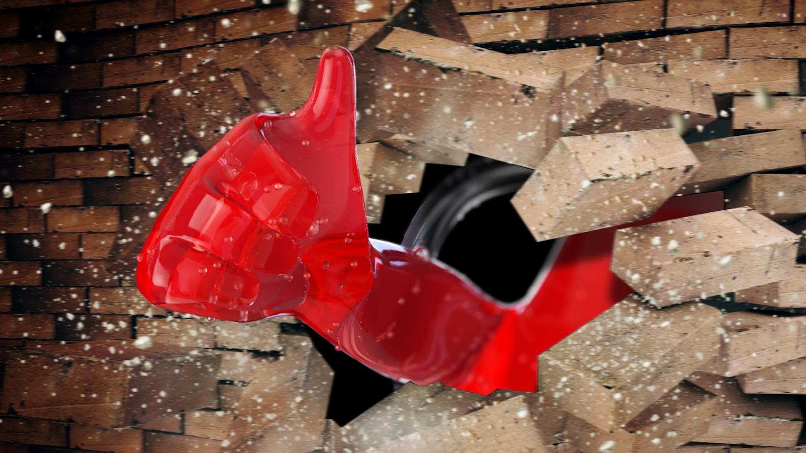 Oh Yeah A brick wall crumbling behind a bright red arm. The handle of a pitcher is visible behind.
