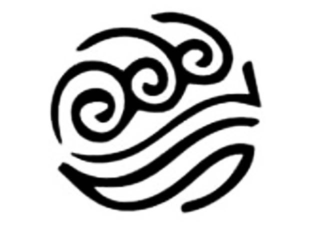A lineart drawing of the symbol for water as etched on the flask, which bears a remarkable resemblance to the Water Tribe symbol from Avatar, the Last Airbender™:  a circular logo with a wave breaking towards the right in 3 curlicues.

This symbol is NOT the symbol of Ua, Primoridal God of Rain in Skyway.

Taken from https://mito3d.com/en/3d-models/print-details/2705961/avatar-water-tribe-symbol-stencil-avatar